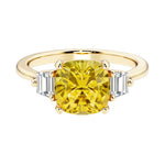 Cushion cut 3 stone engagement ring with soft corners and vintage charm.