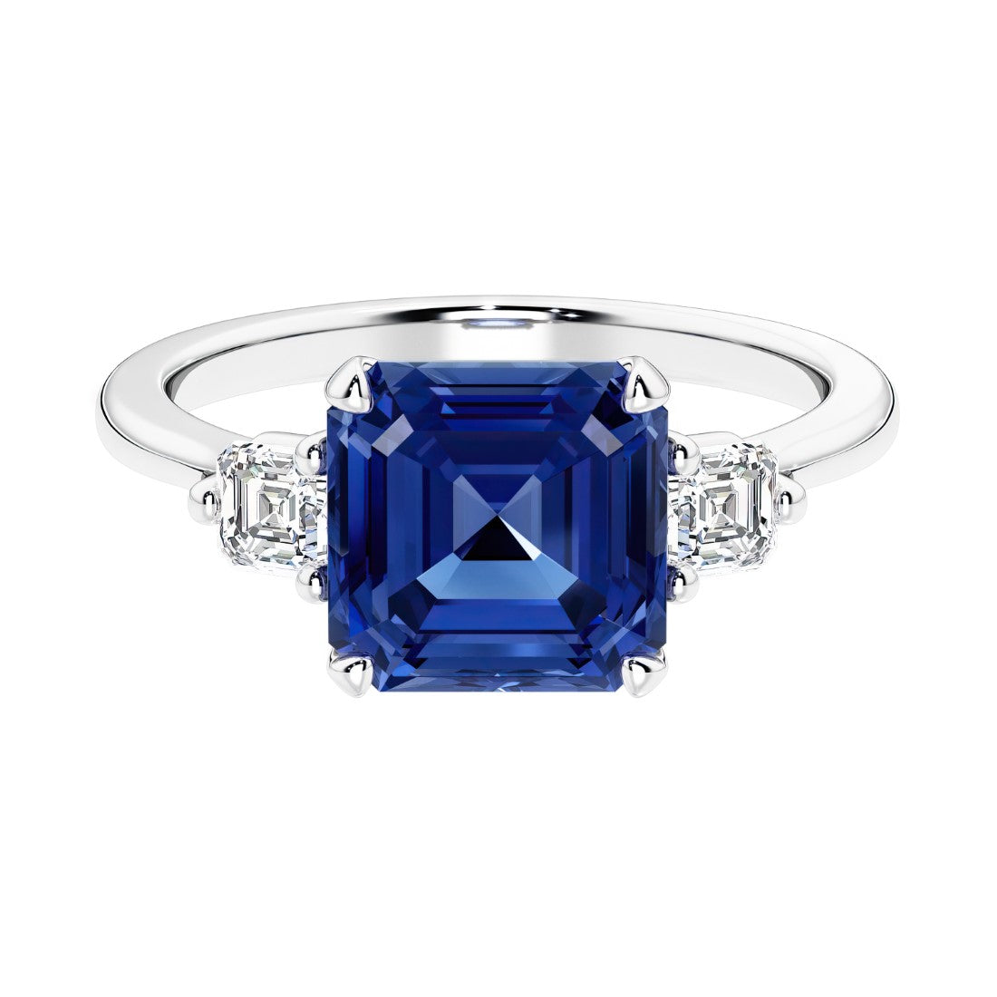 Asscher gemstone diamond ring with step-cut sparkle in a three stone setting.