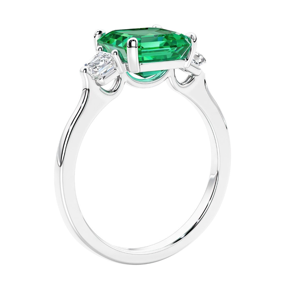Asscher shaped ring in a timeless three stone ring set with diamond sides.