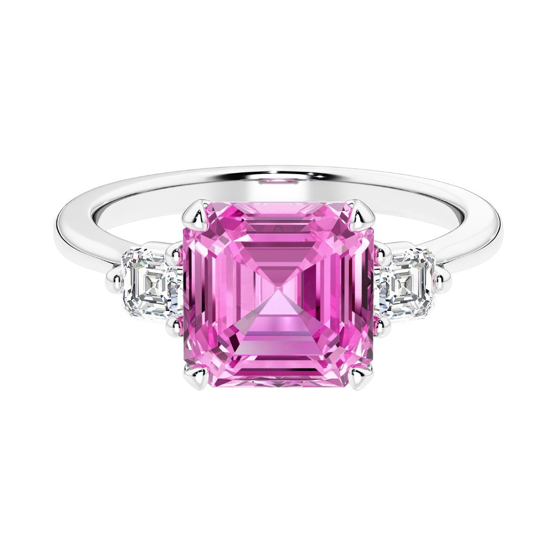 Asscher gemstone diamond ring with step-cut sparkle in a three stone setting.