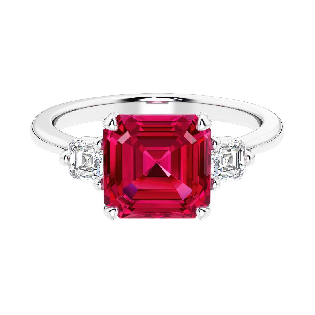 Asscher gemstone diamond ring with step-cut sparkle in a three stone setting.
