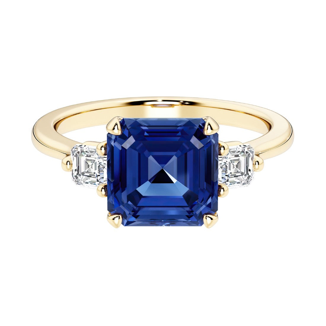 Asscher cut three stone engagement ring with geometric elegance.