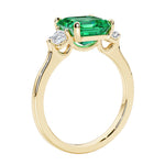 3 stone Asscher cut gemstone diamond ring in a classic Art Deco style.