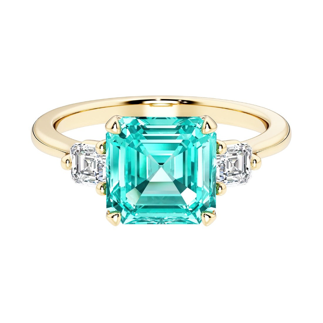 Asscher cut three stone engagement ring with geometric elegance.