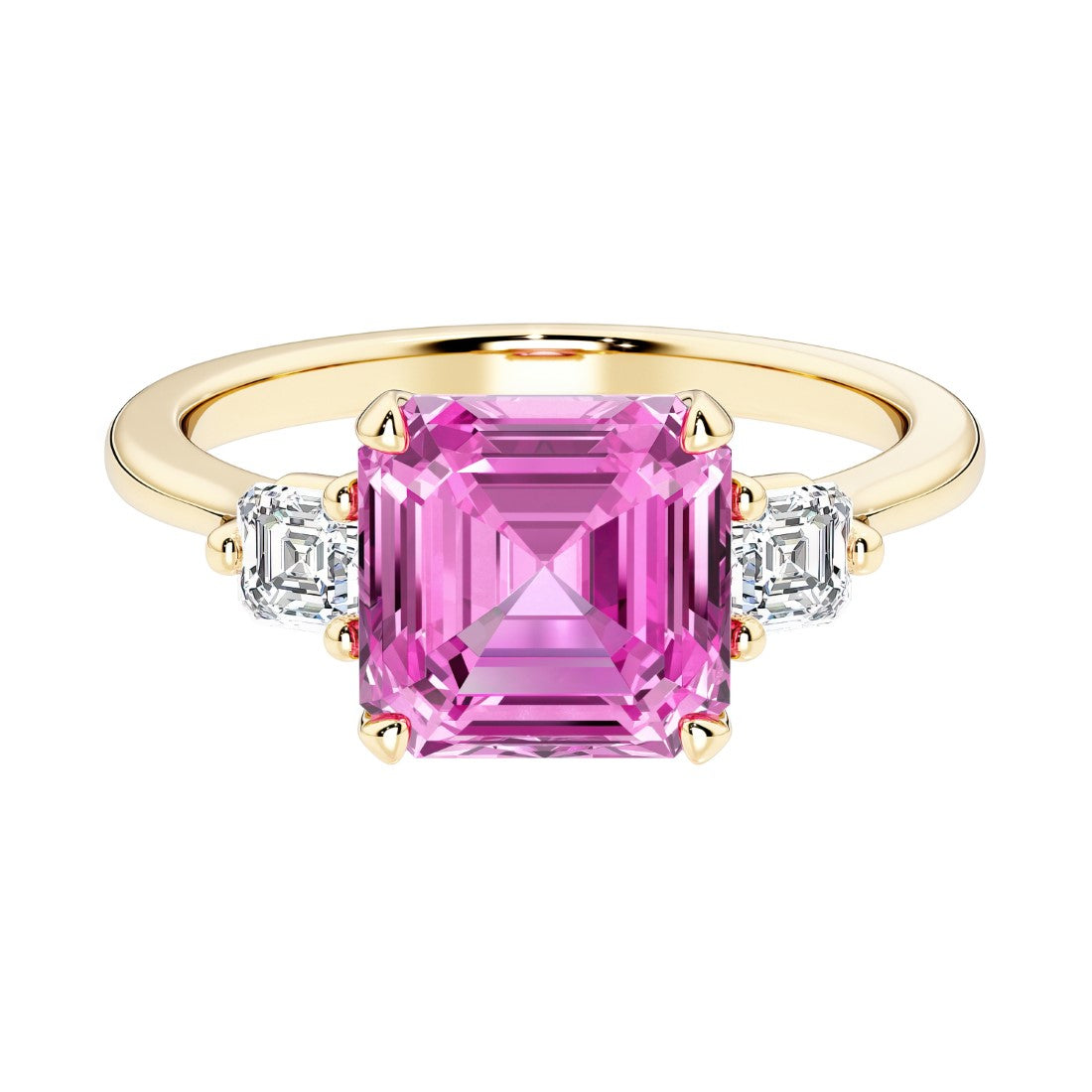 Asscher cut three stone engagement ring with geometric elegance.