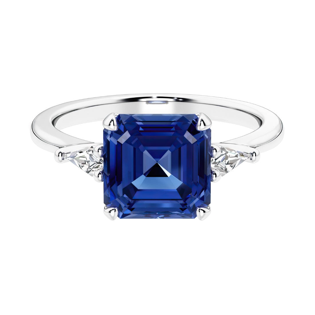 Asscher gemstone diamond ring with step-cut sparkle in a three stone setting featuring blue sapphire center.