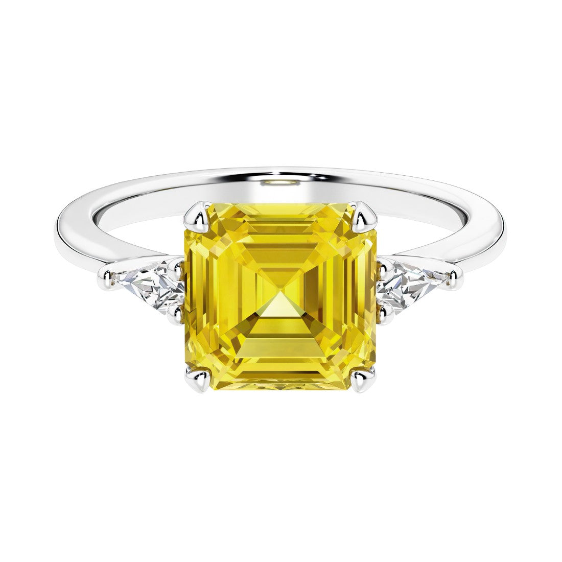 Asscher gemstone diamond ring with step-cut sparkle in a three stone setting featuring yellow sapphire center.