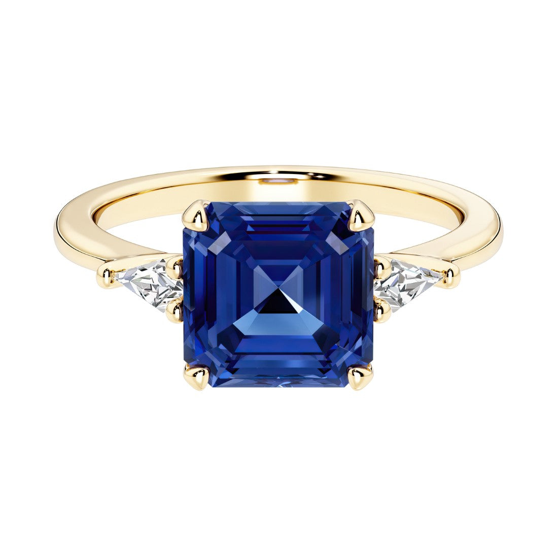 Asscher cut three stone engagement ring with geometric elegance.