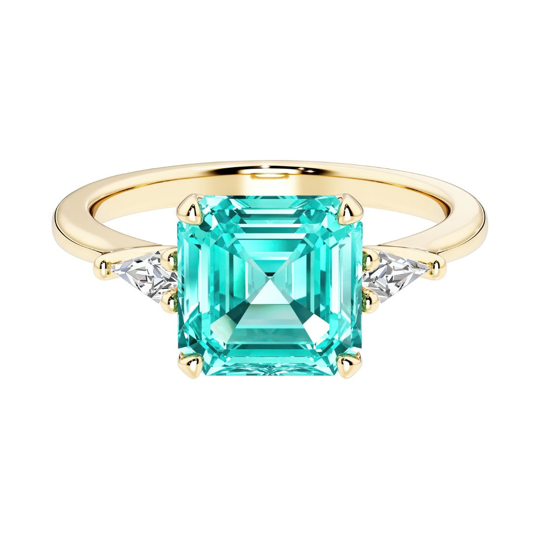 Asscher cut three stone engagement ring with geometric elegance.