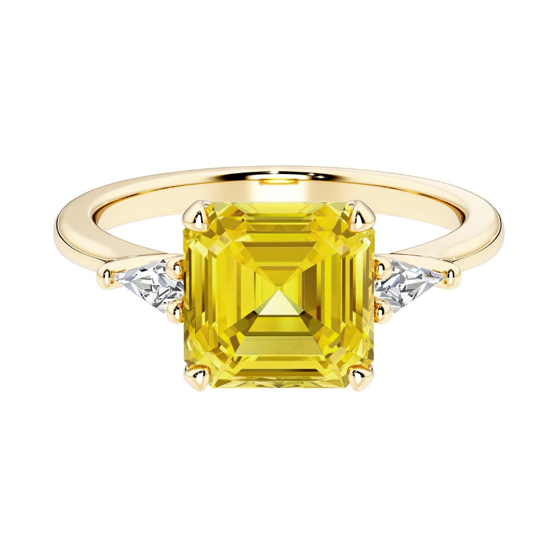 Asscher cut three stone engagement ring with geometric elegance.