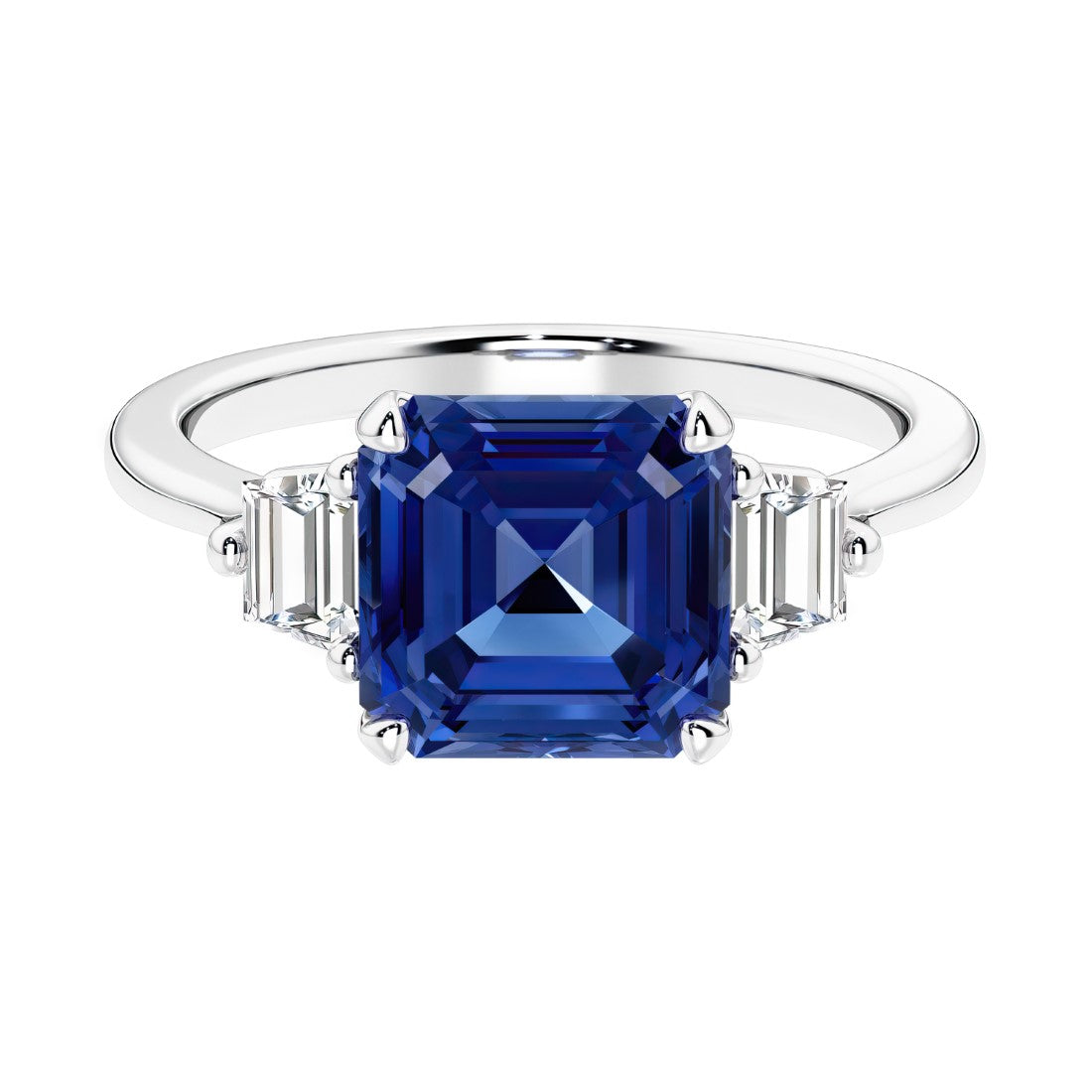 Asscher gemstone diamond ring with step-cut sparkle in a three stone setting featuring blue sapphire center.