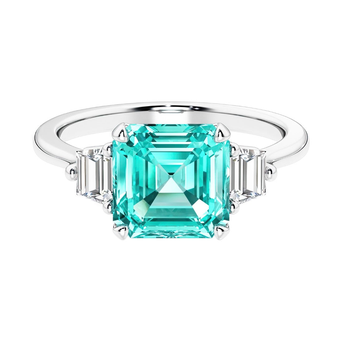 Asscher gemstone diamond ring with step-cut sparkle in a three stone setting featuring paraiba tourmaline center.
