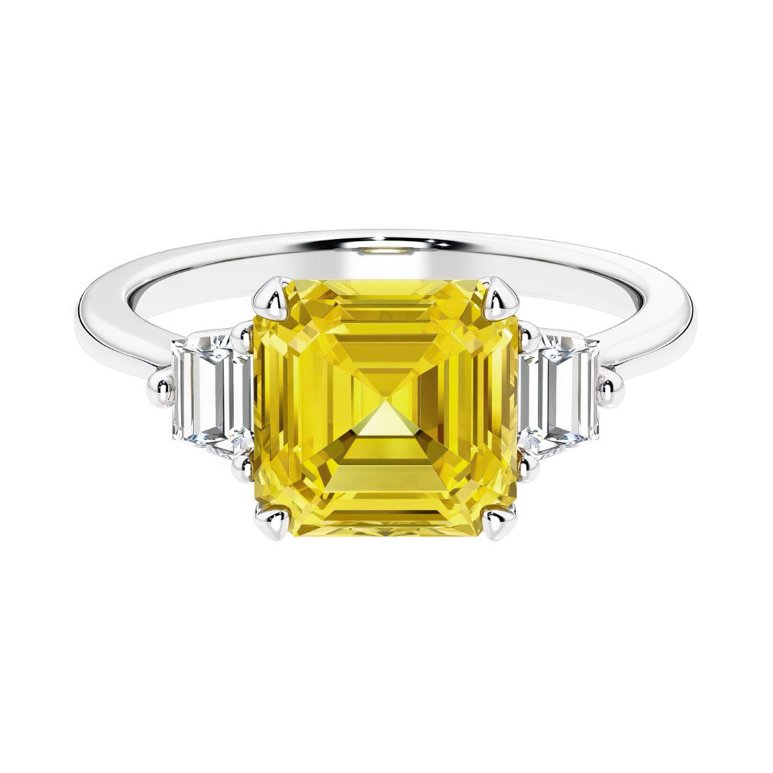 Asscher gemstone diamond ring with step-cut sparkle in a three stone setting featuring yellow sapphire center.