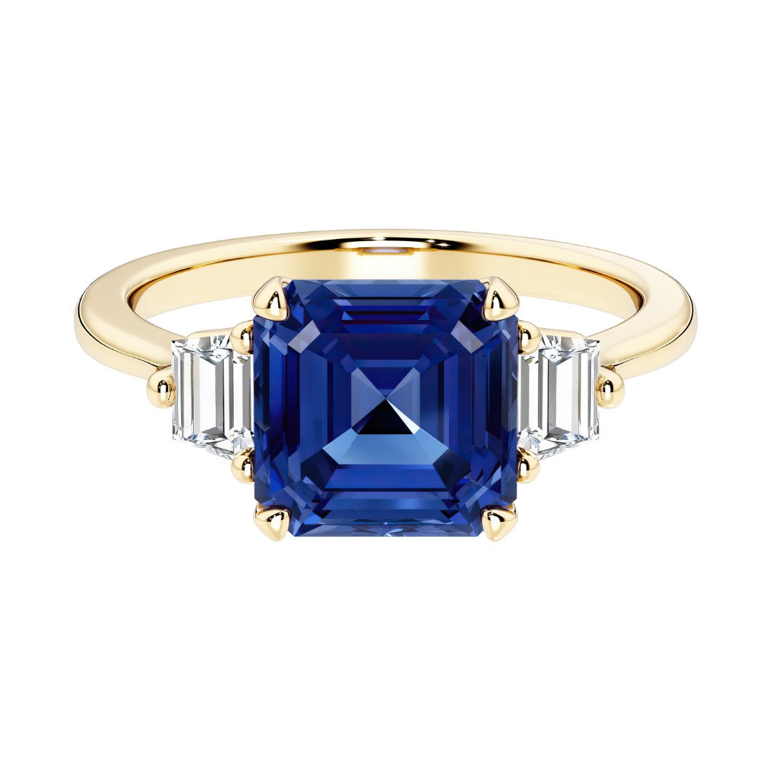Asscher cut three stone engagement ring with geometric elegance.