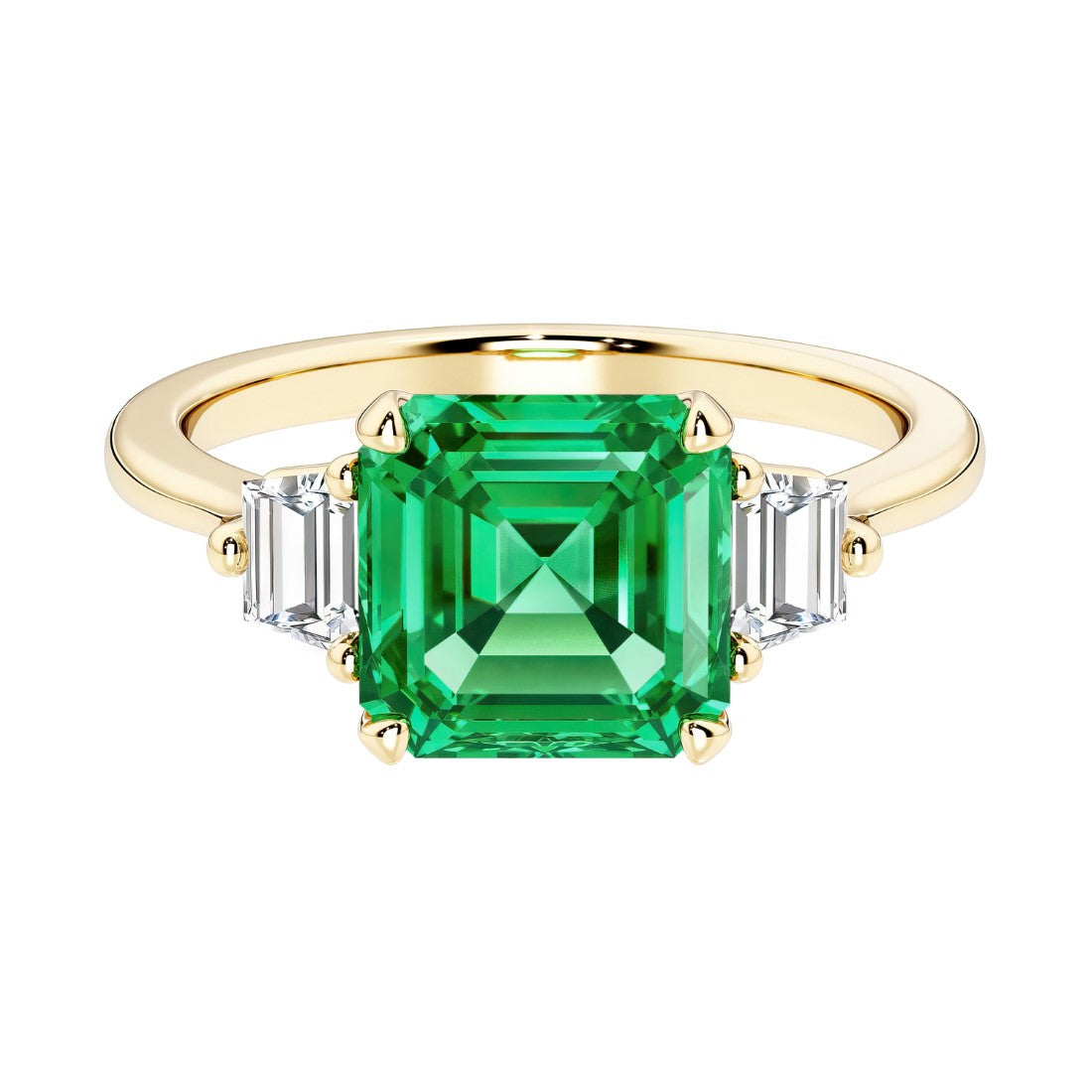 Asscher cut three stone engagement ring with geometric elegance.