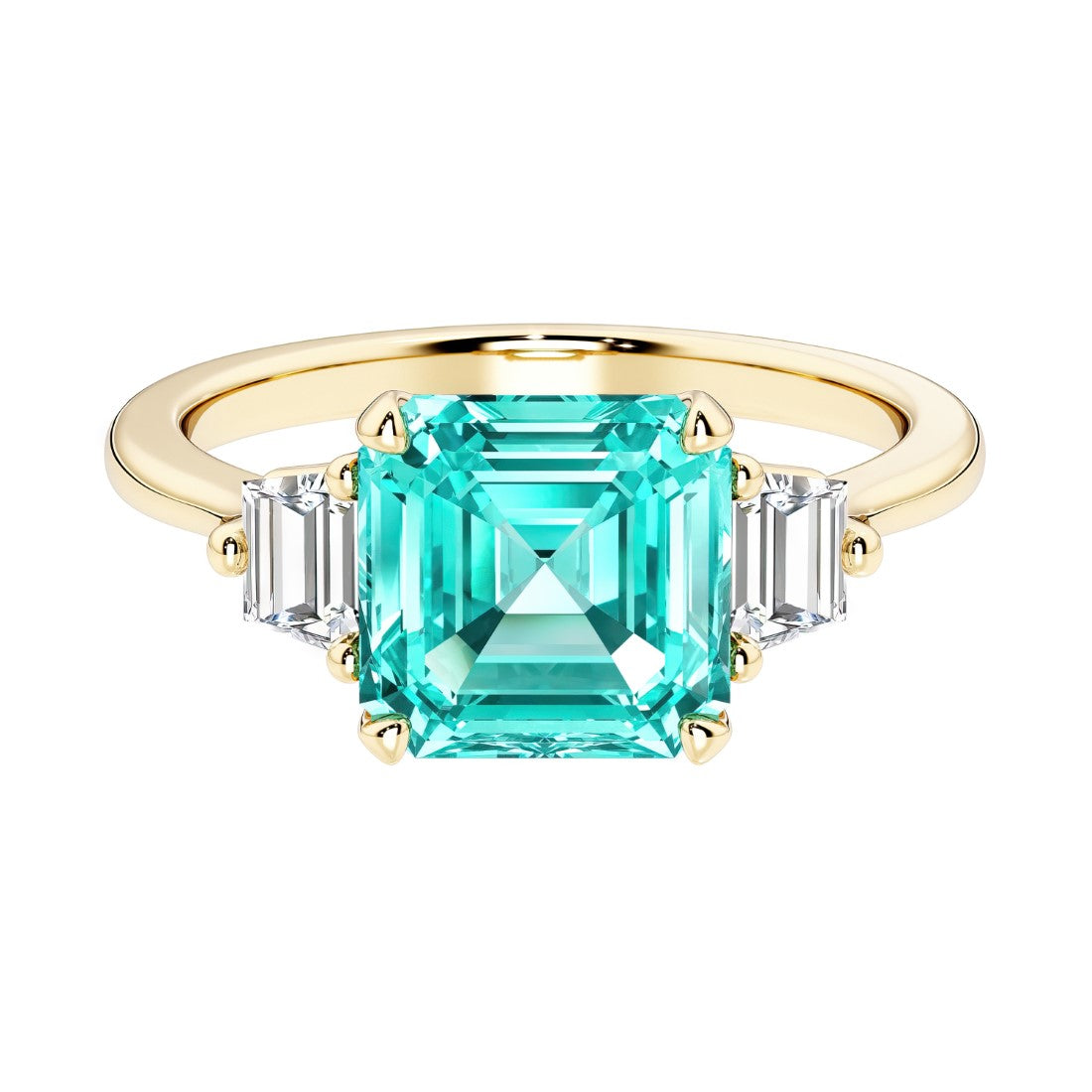 Asscher cut three stone engagement ring with geometric elegance.