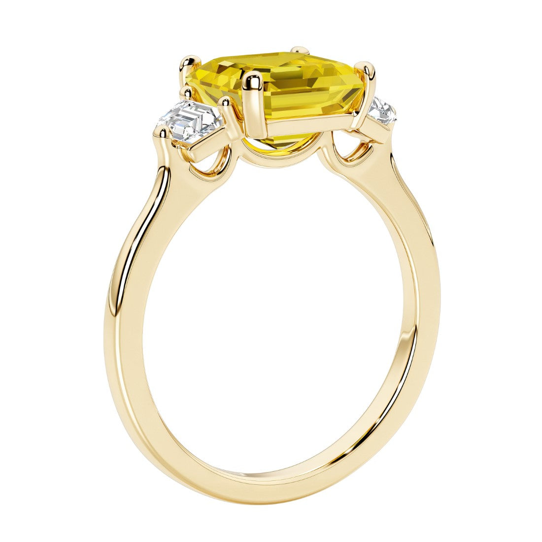 3 stone Asscher cut gemstone diamond ring in a classic Art Deco style featuring a yellow sapphire center.