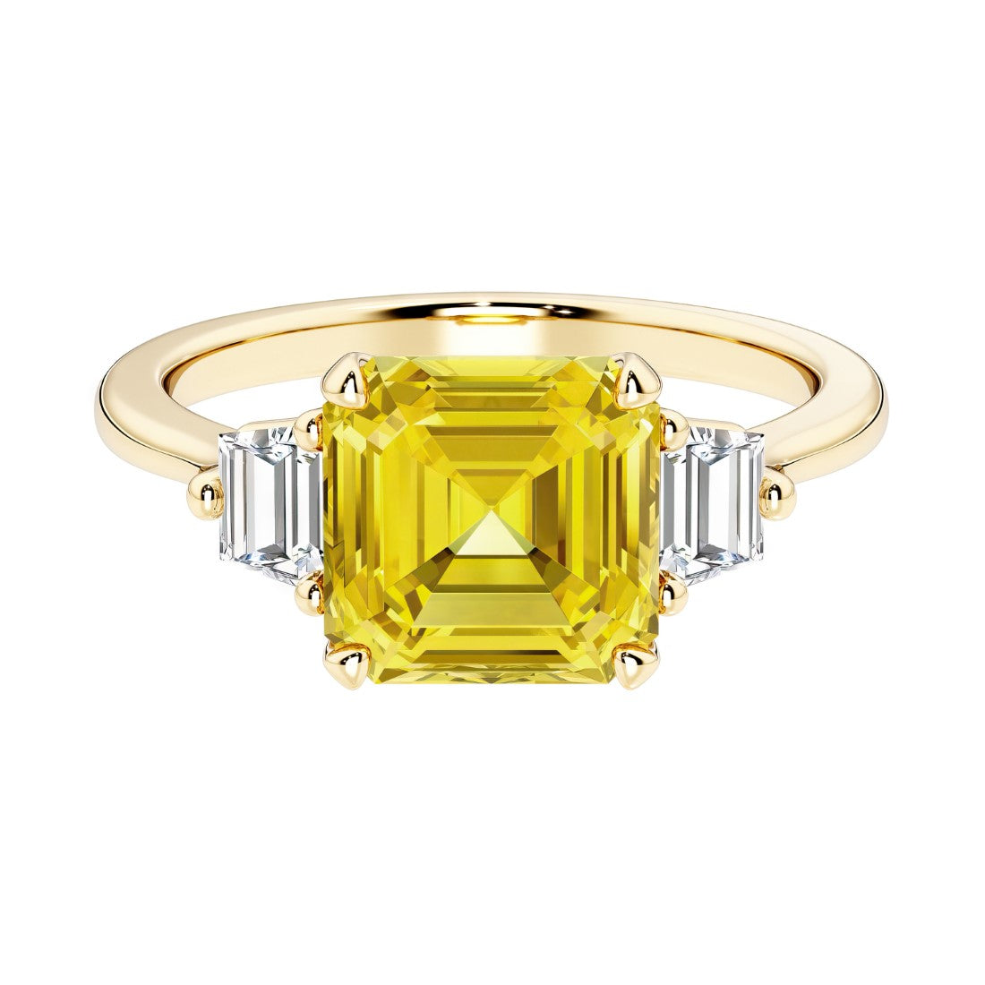 Asscher cut three stone engagement ring with geometric elegance.
