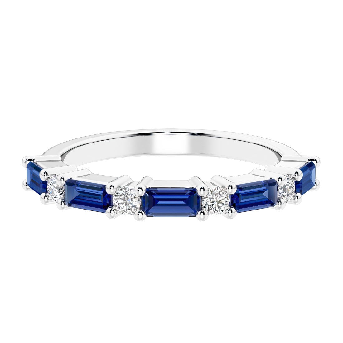 Ladies diamond anniversary band with nine stones, featuring a mix of gemstones and lab diamonds.