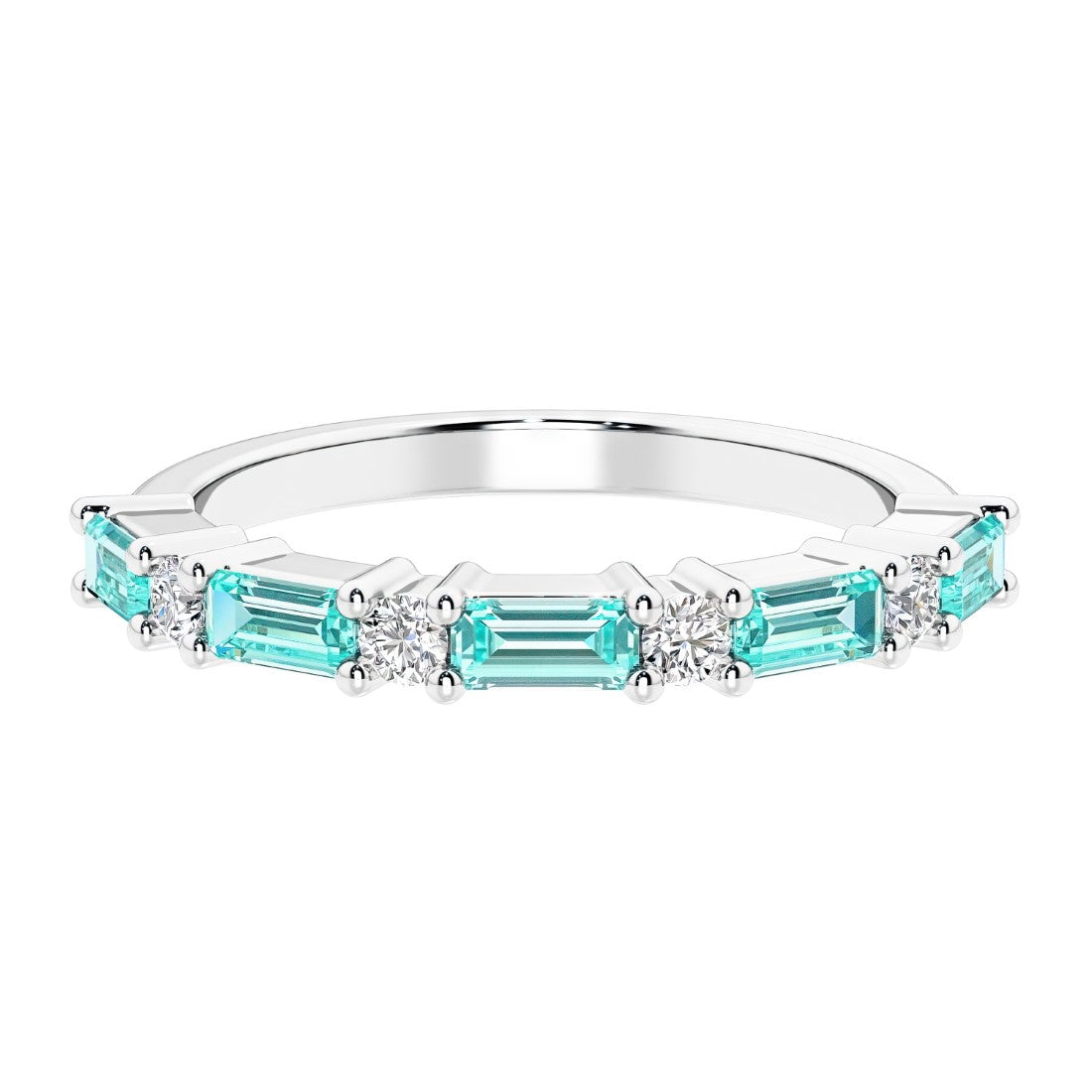 Ladies diamond anniversary band with nine stones, featuring a mix of gemstones and lab diamonds.