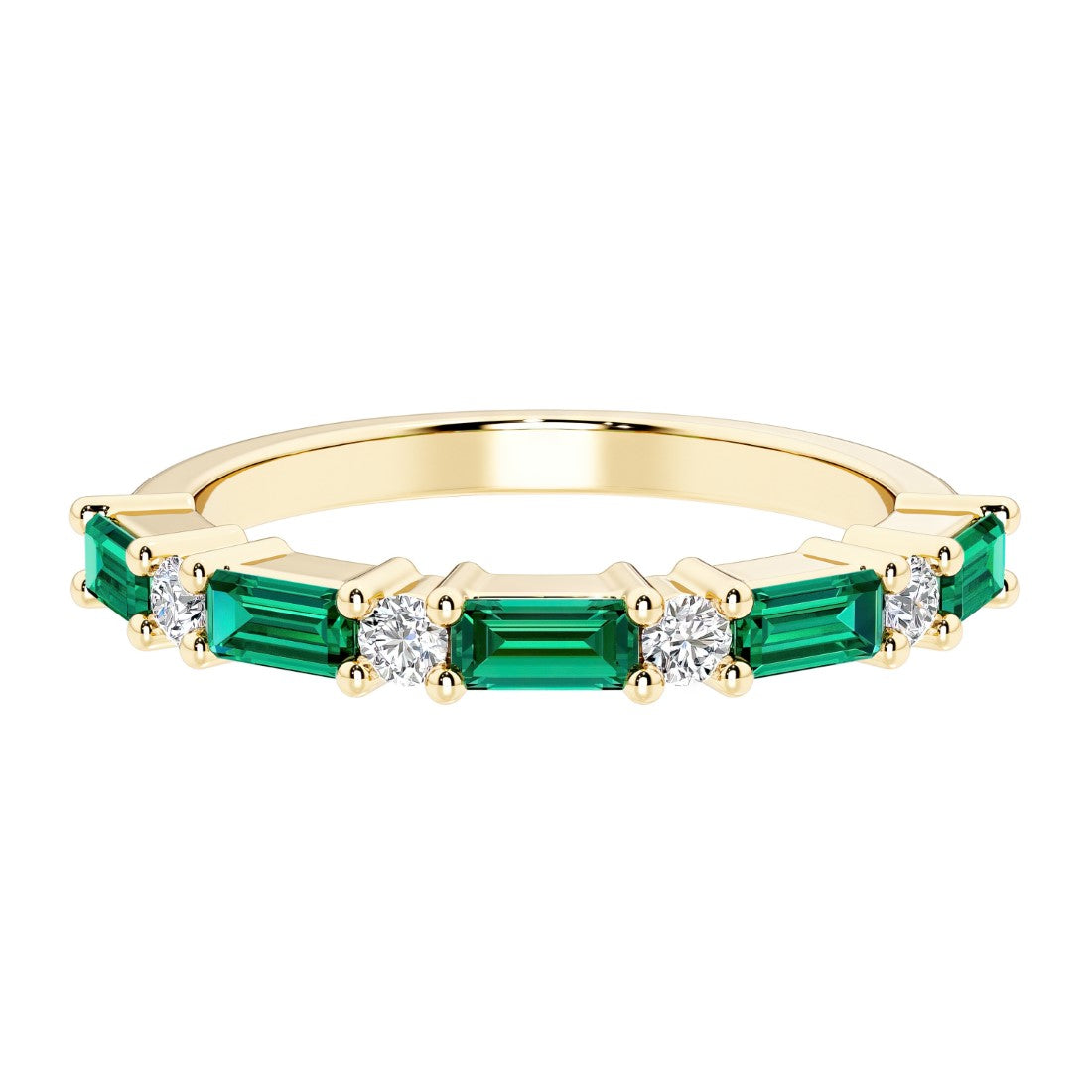 9 stone gemstone anniversary ring with alternating diamonds and gemstones in yellow gold.