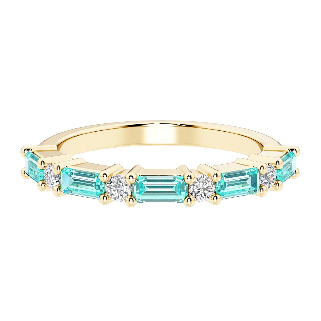 9 stone gemstone anniversary ring with alternating diamonds and gemstones in yellow gold.