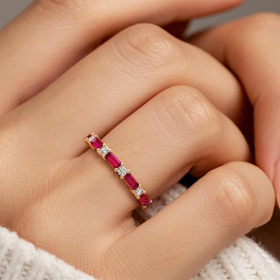 Nine stone anniversary diamond ring for women with vibrant gemstones and white diamonds.