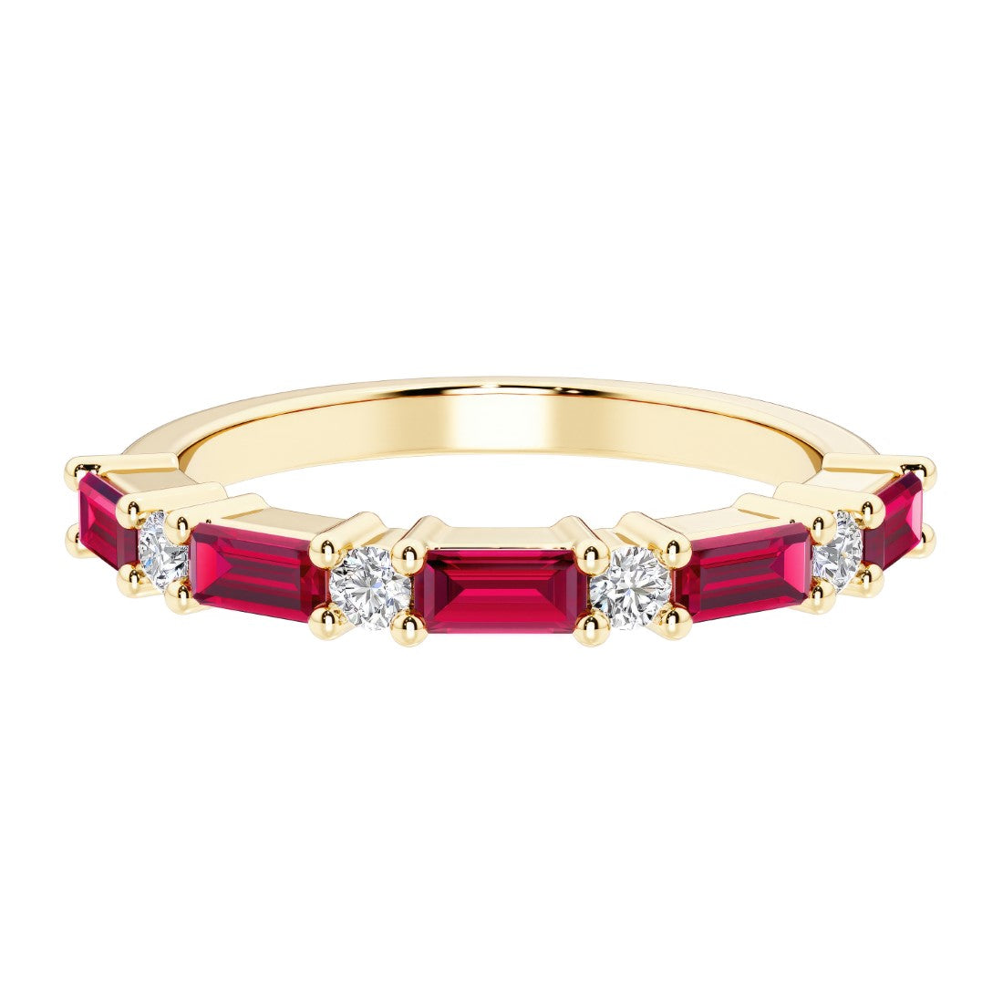 9 stone gemstone anniversary ring with alternating diamonds and gemstones in yellow gold.