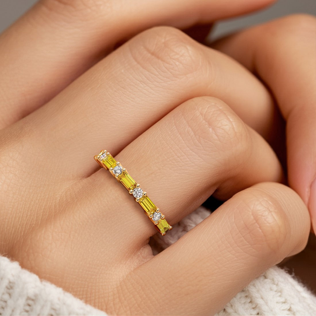 Nine stone anniversary diamond ring for women with vibrant gemstones and white diamonds.