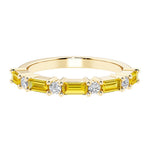 9 stone gemstone anniversary ring with alternating diamonds and gemstones in yellow gold.