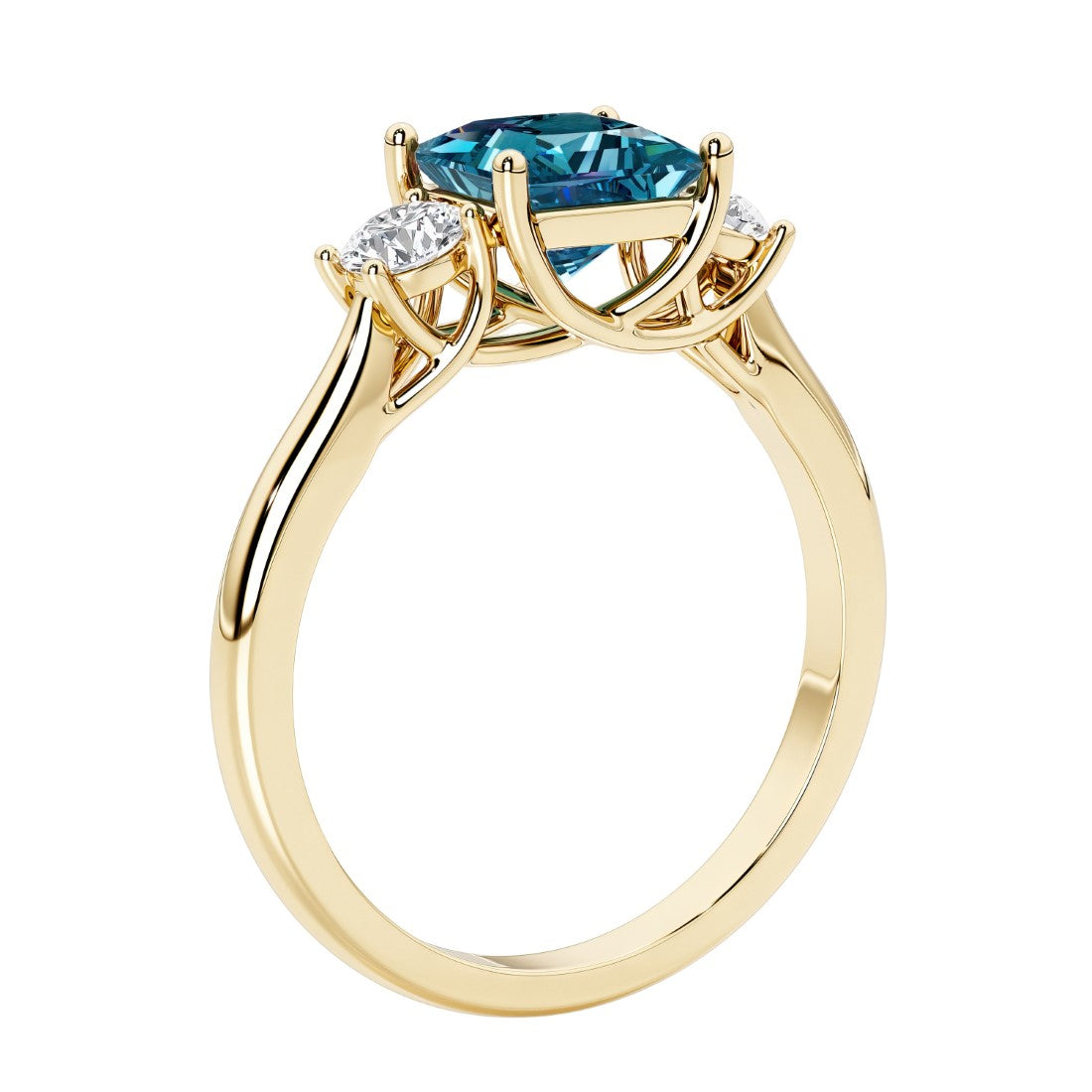 Princess shaped three stone diamond ring in modern style.