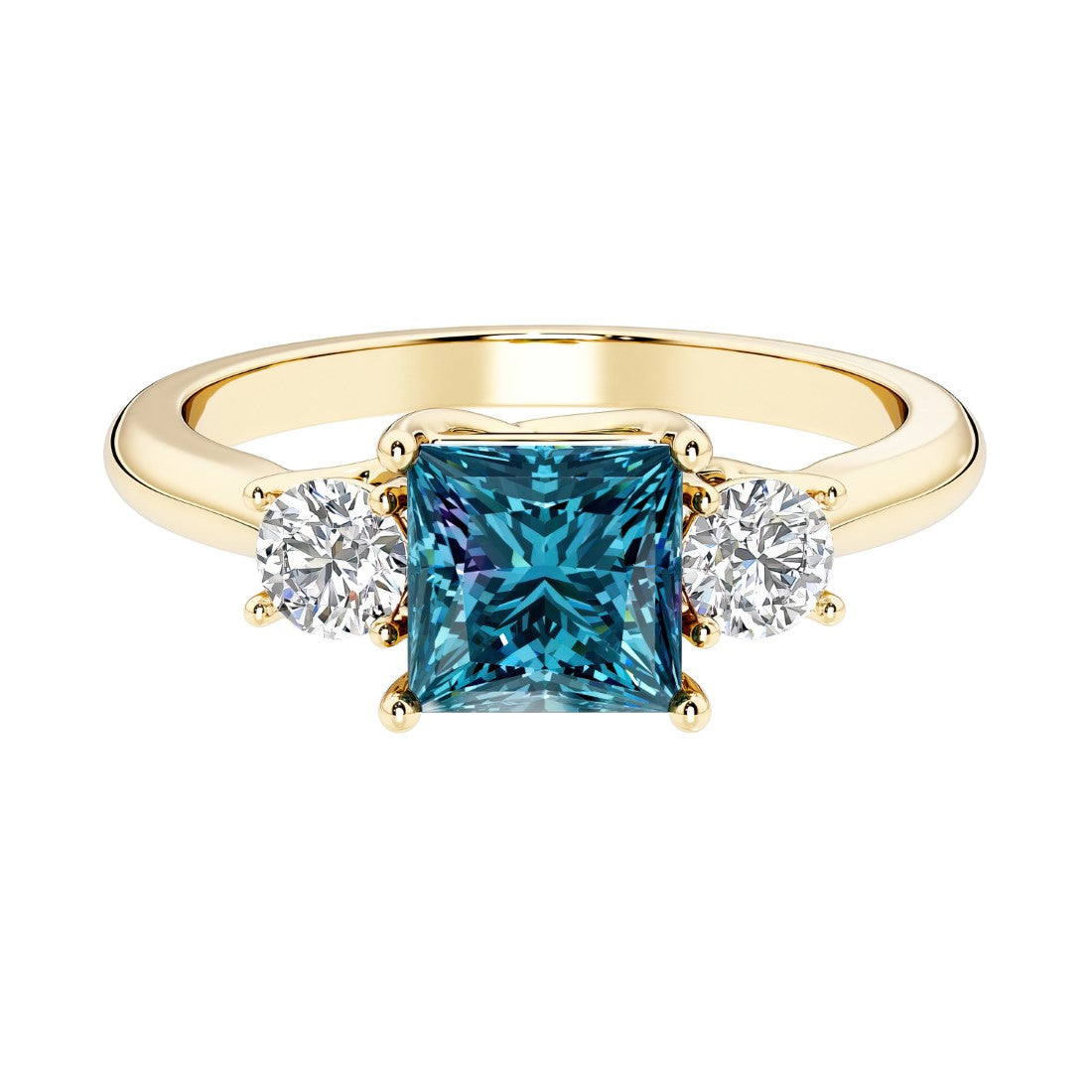 Princess cut 3 stone engagement ring with side diamonds and alexandrite gemstone center.