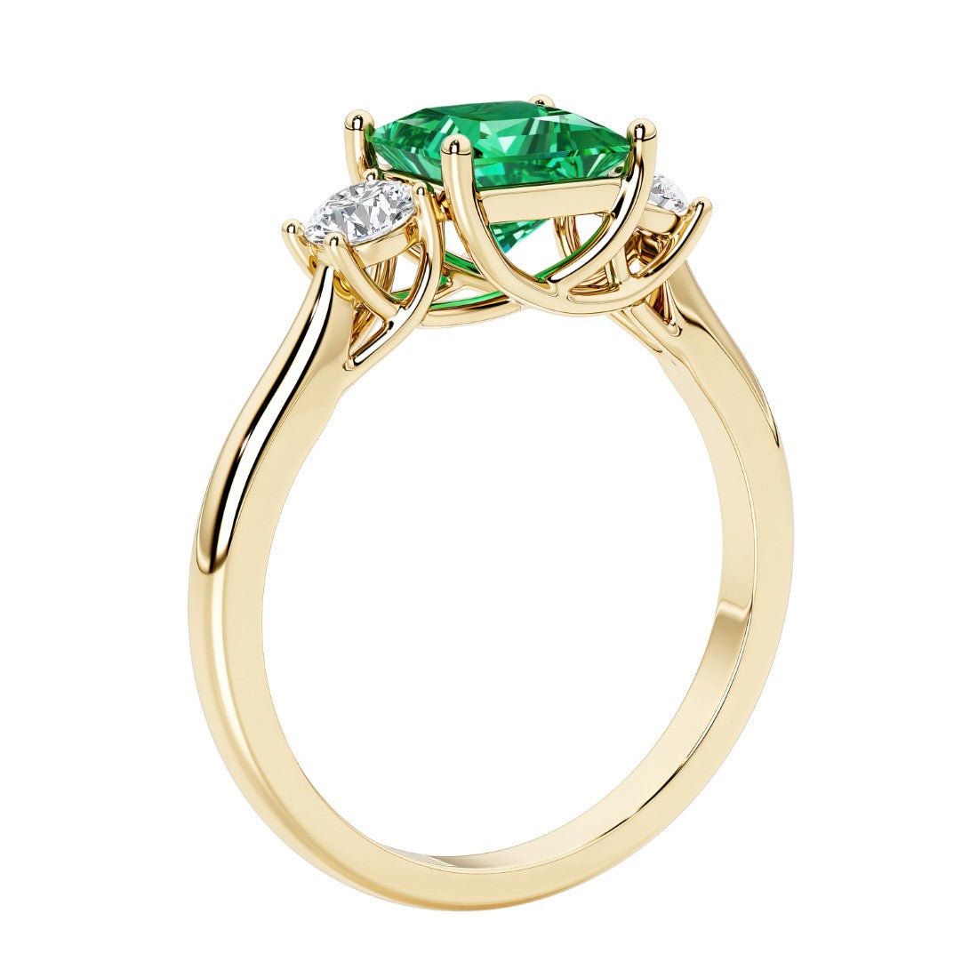 Princess shaped three stone diamond ring in modern style.
