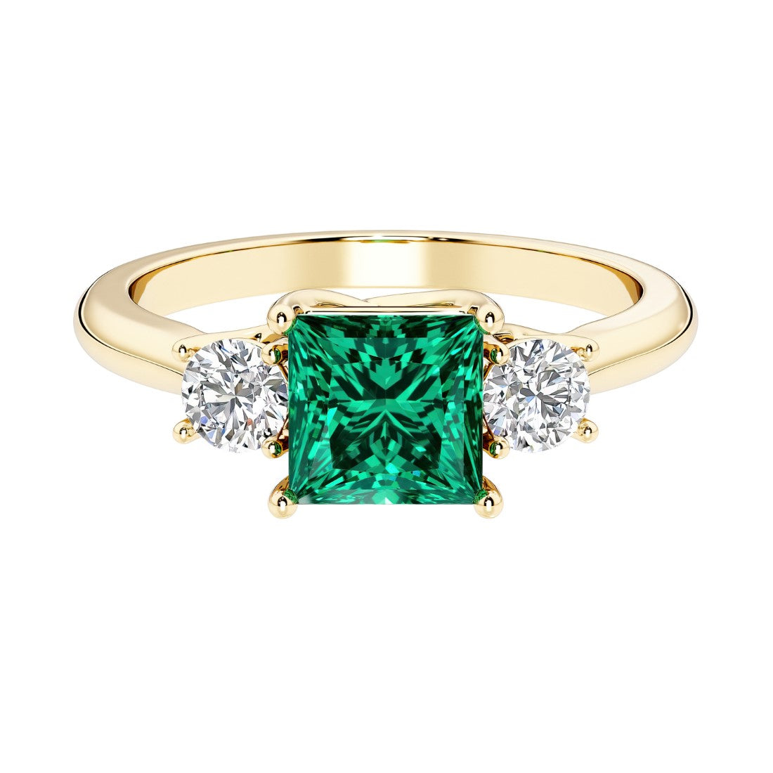 Princess cut 3 stone engagement ring with side diamonds and emerald gemstone center.