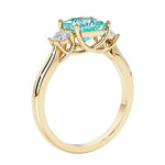 Princess shaped three stone diamond ring in modern style.
