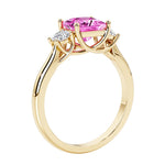 Princess shaped three stone diamond ring in modern style.