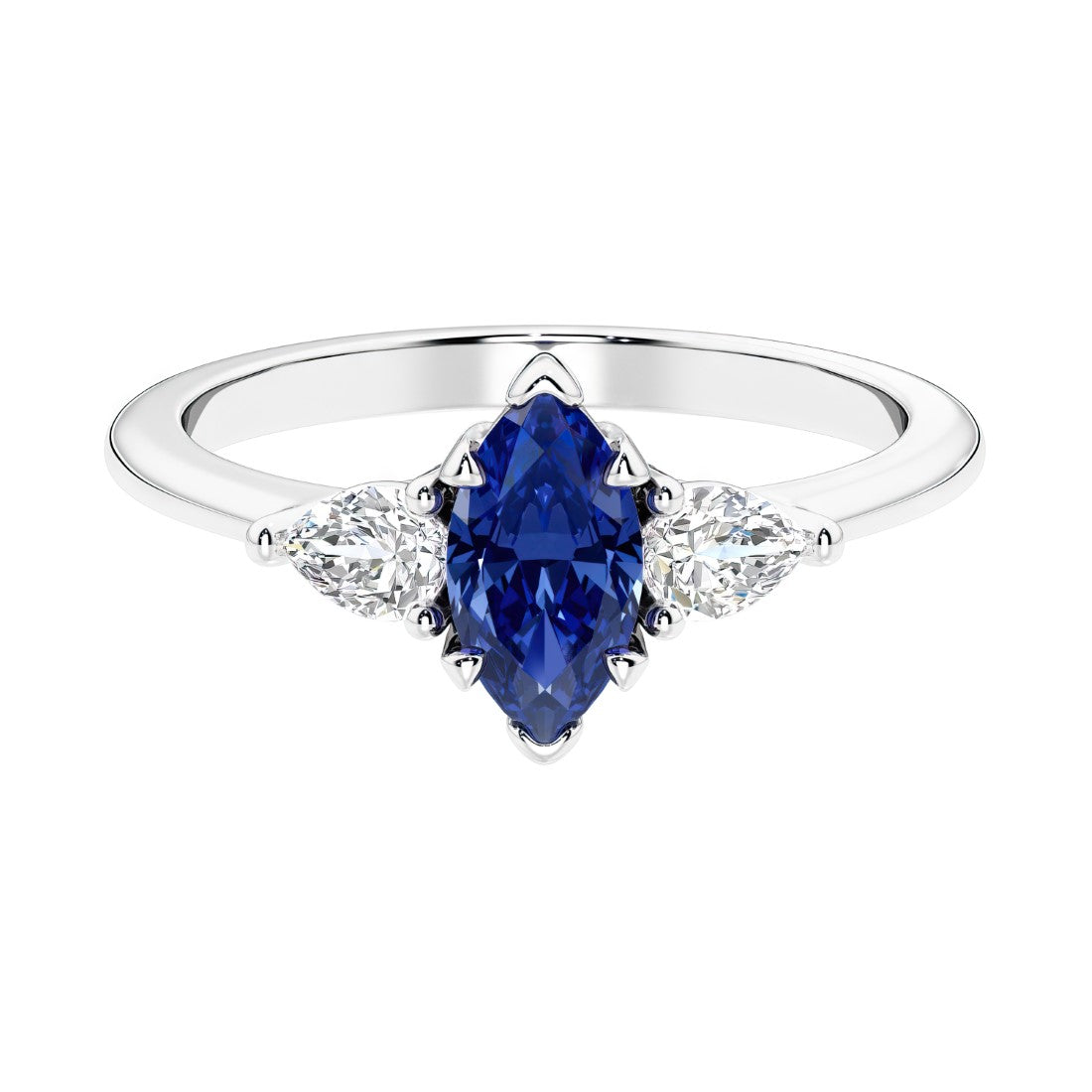 Three stone marquise diamond ring with dramatic center shape.