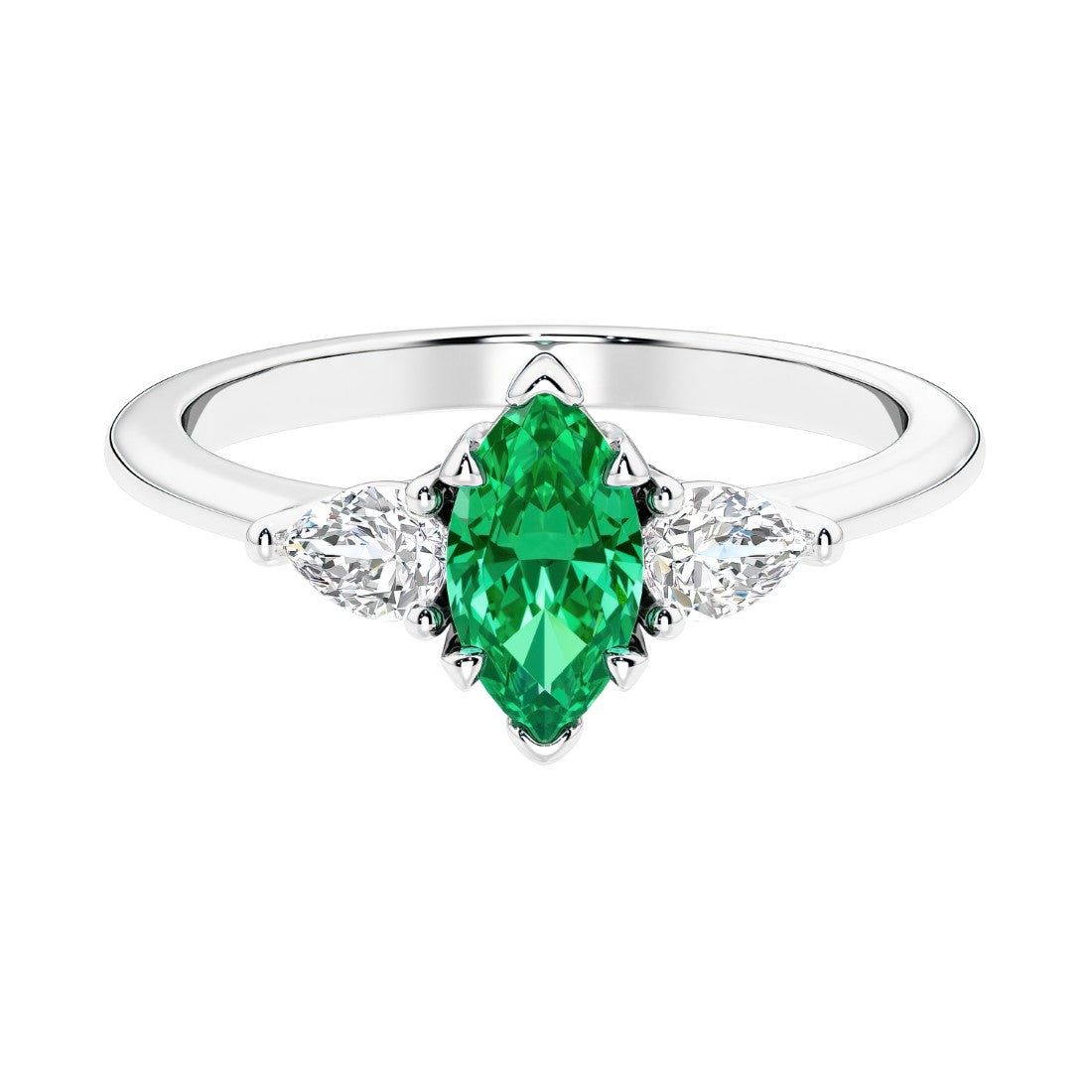 Three stone marquise diamond ring with dramatic center shape.