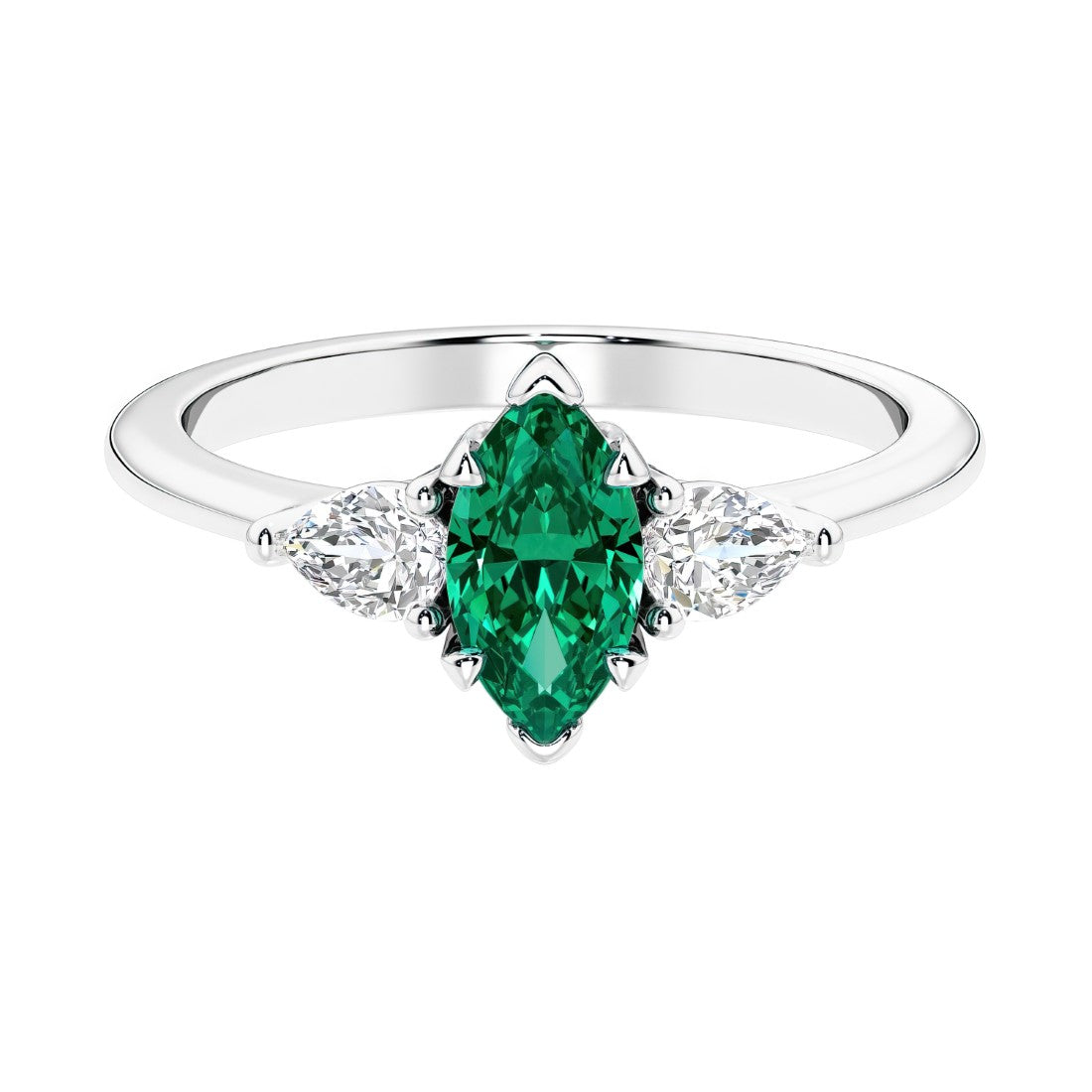 Three stone marquise diamond ring with dramatic center shape.