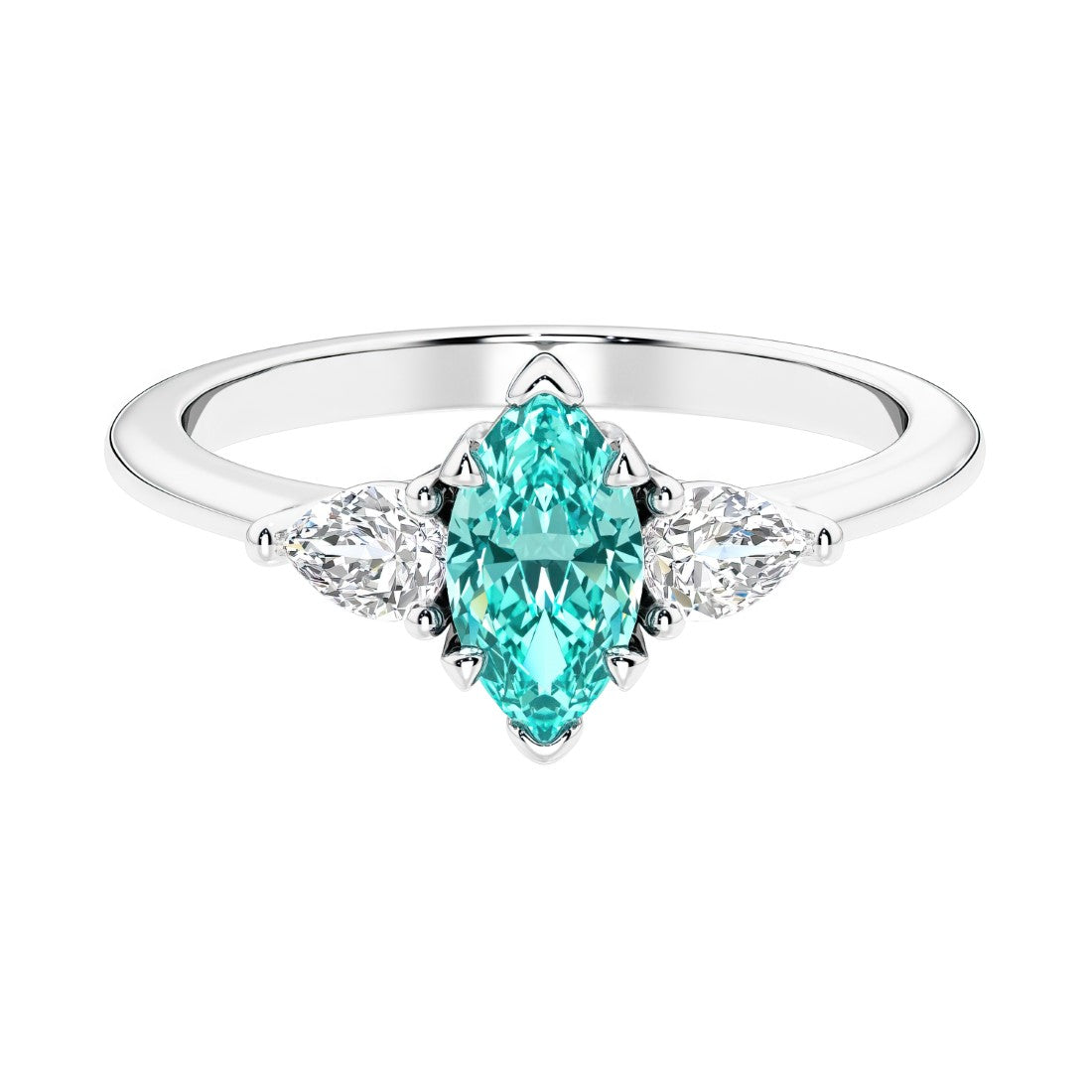Three stone marquise diamond ring with dramatic center shape.