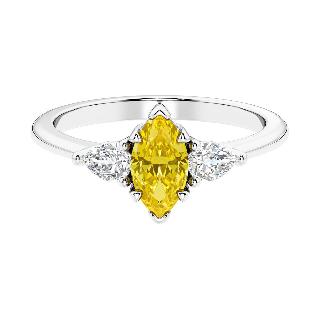 Three stone marquise diamond ring with dramatic center shape.