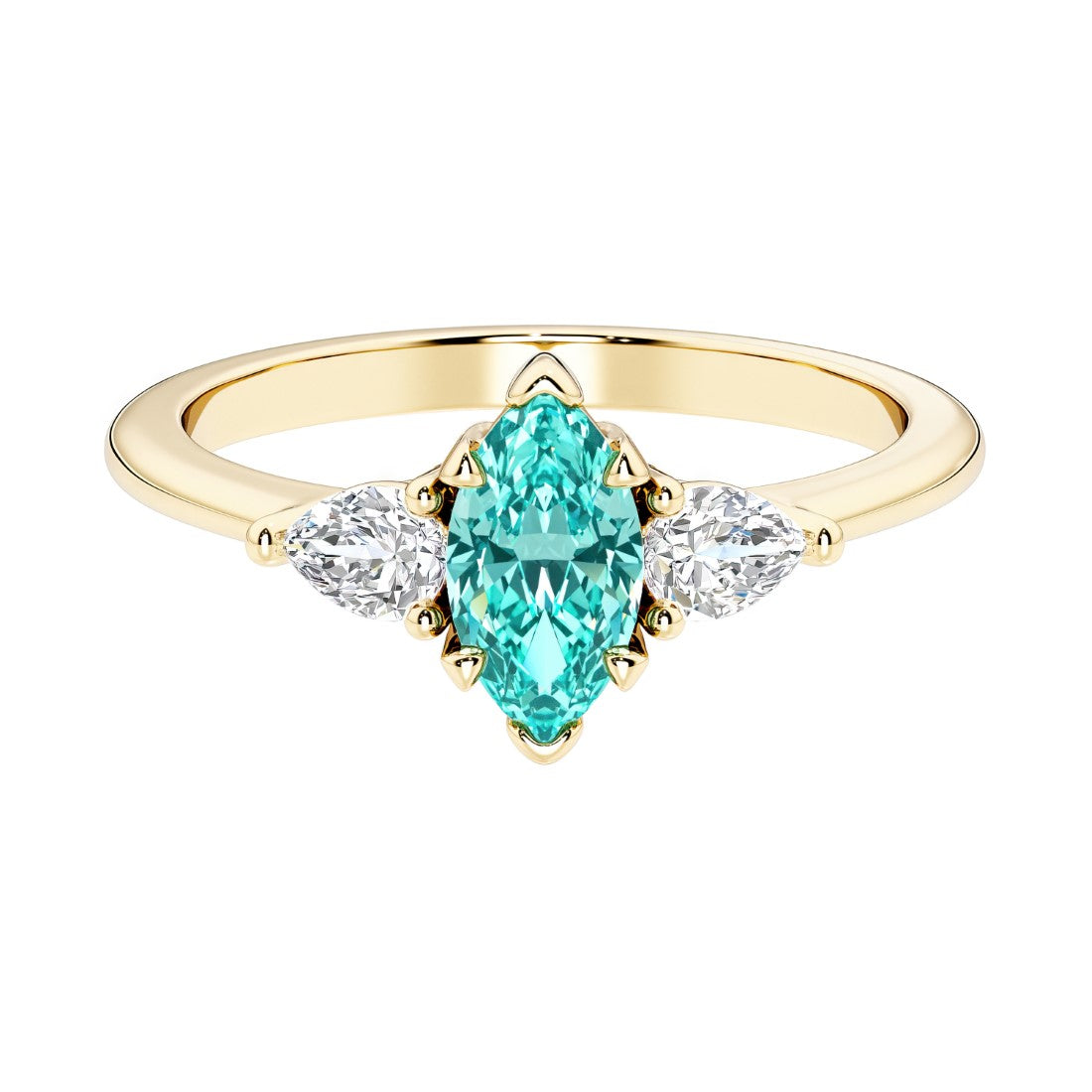 Marquise cut 3 stone engagement ring with elegant taper.