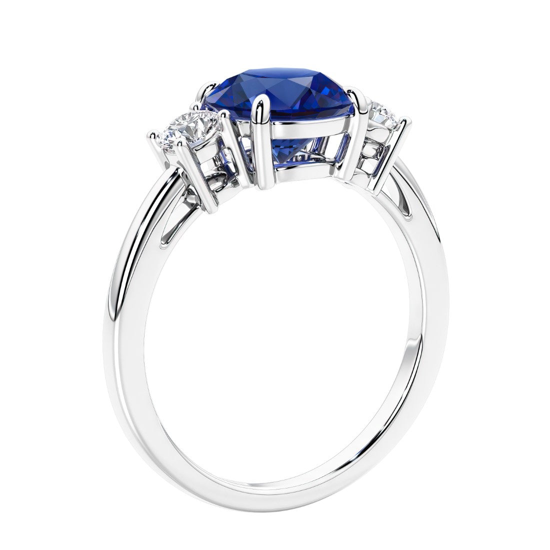 3 stone wedding ring featuring round center diamond and matching sides.