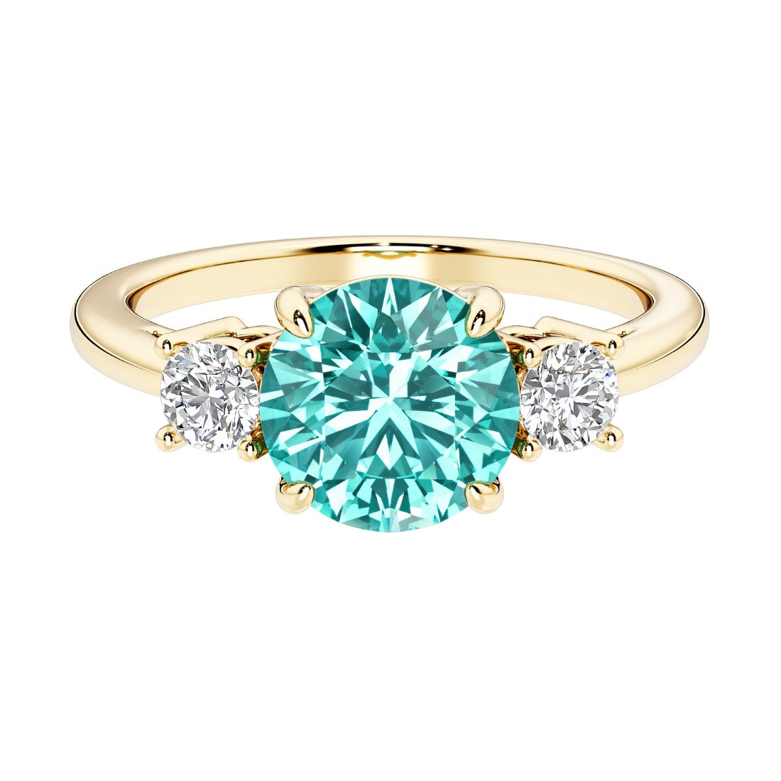 Three stone round engagement ring with brilliant cut diamonds.