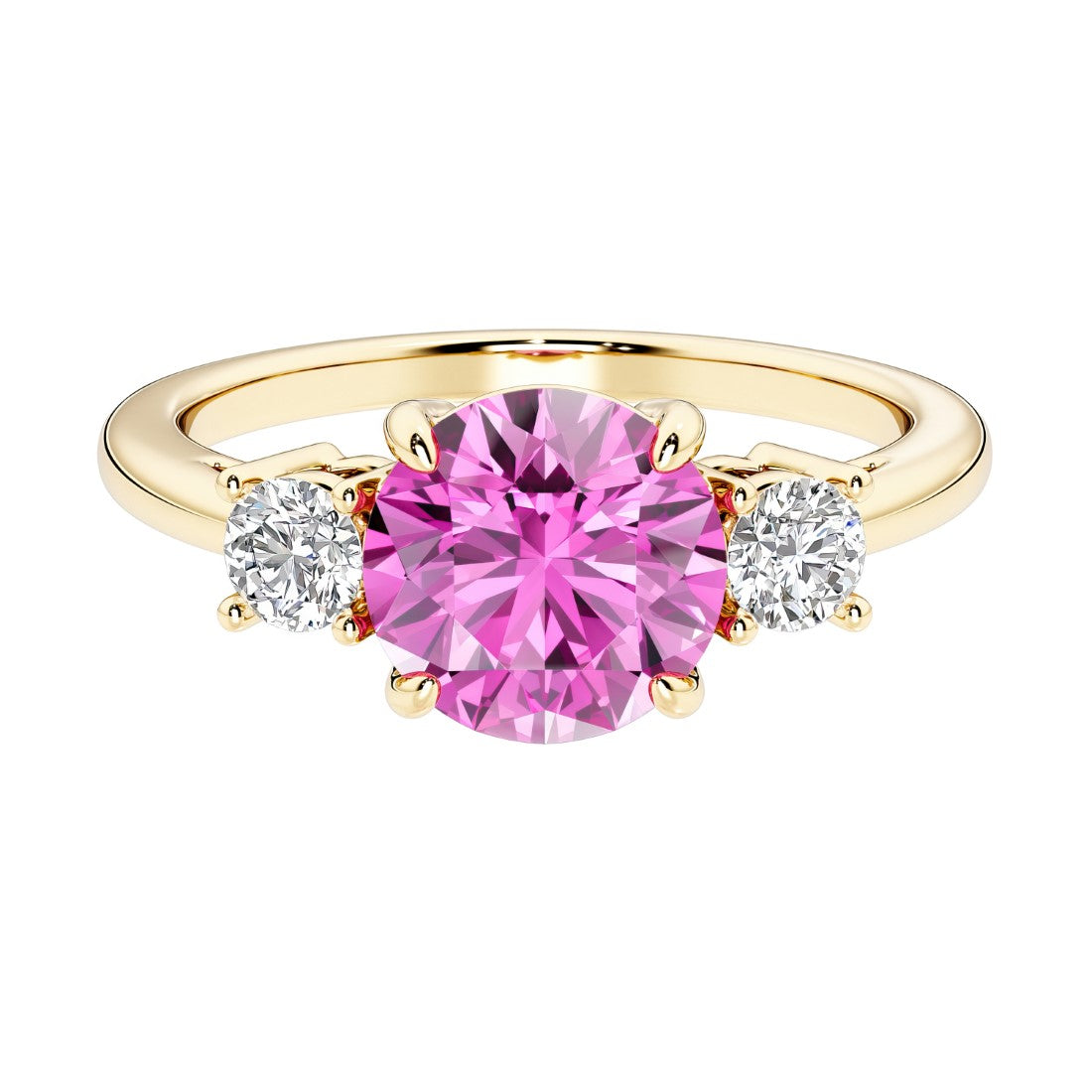 Three stone round engagement ring with brilliant cut diamonds.