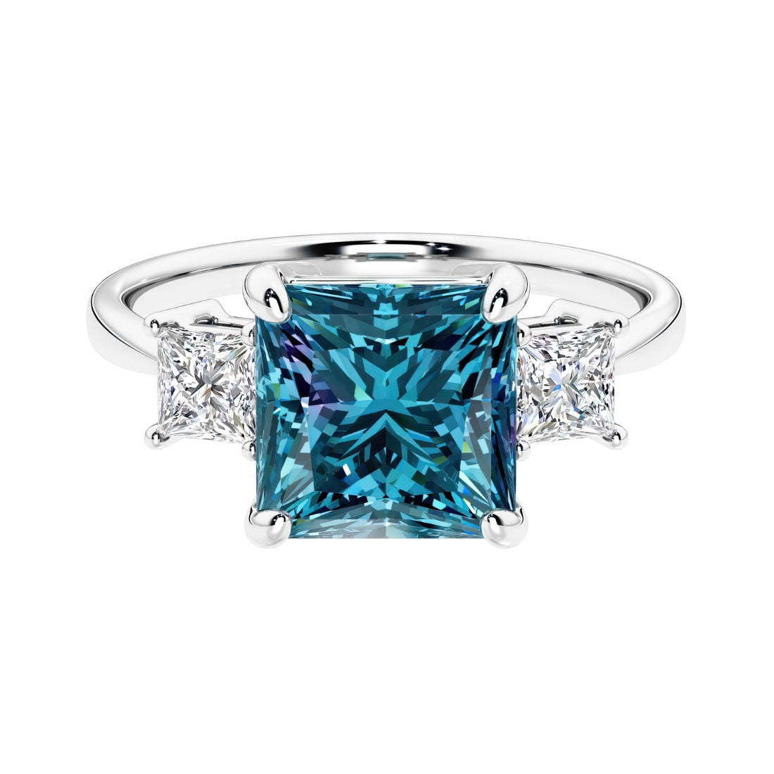 3 stone princess diamond ring in sleek white gold with alexandrite gemstone center.