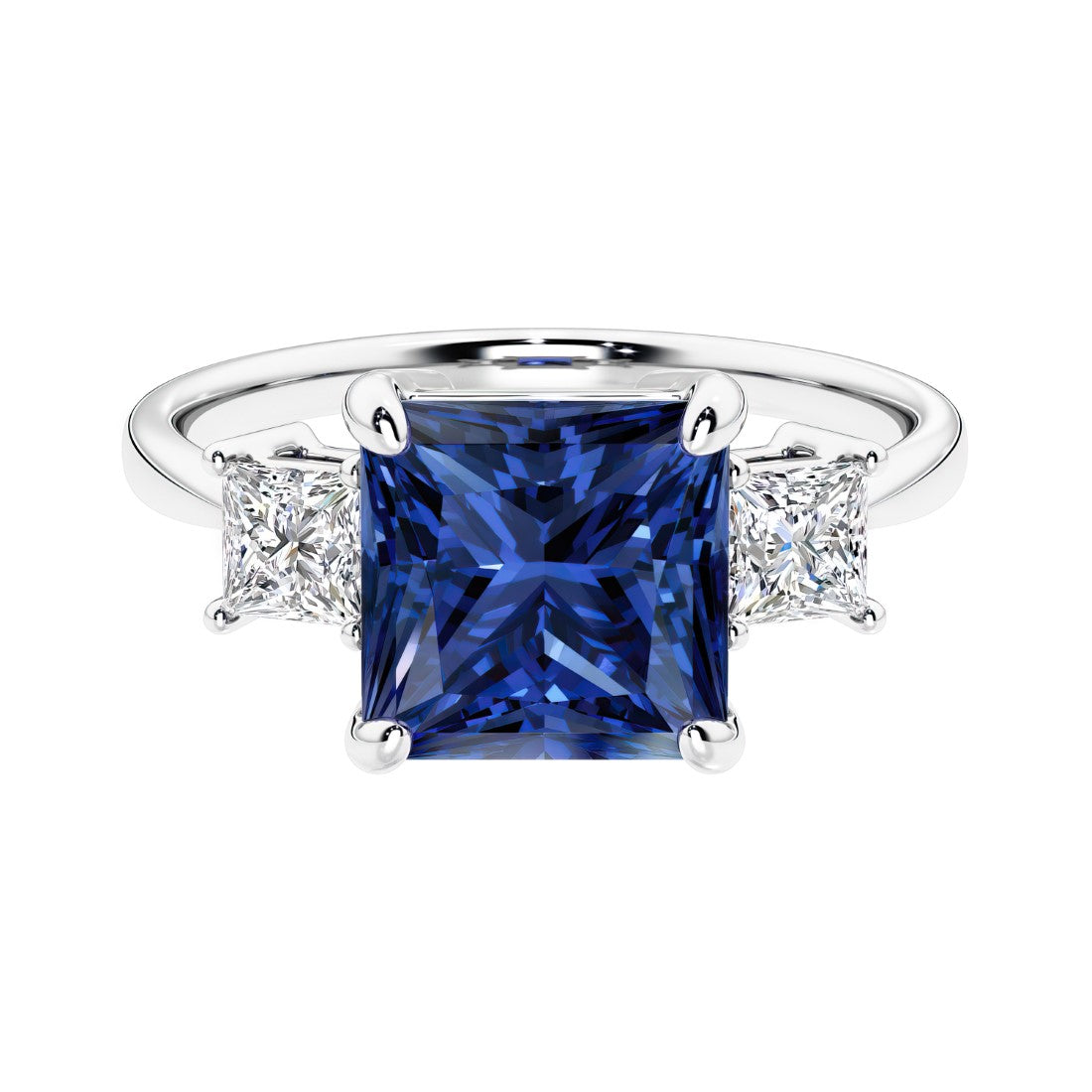 3 stone princess diamond ring in sleek white gold with blue sapphire gemstone center.