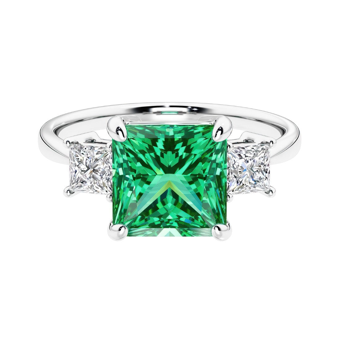 3 stone princess diamond ring in sleek white gold with colombian emerald gemstone center.