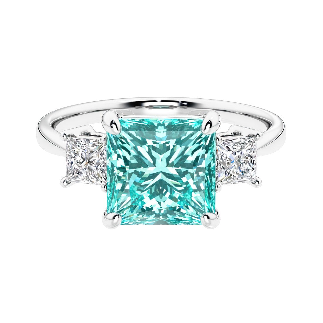 3 stone princess diamond ring in sleek white gold with paraiba tourmaline gemstone center.