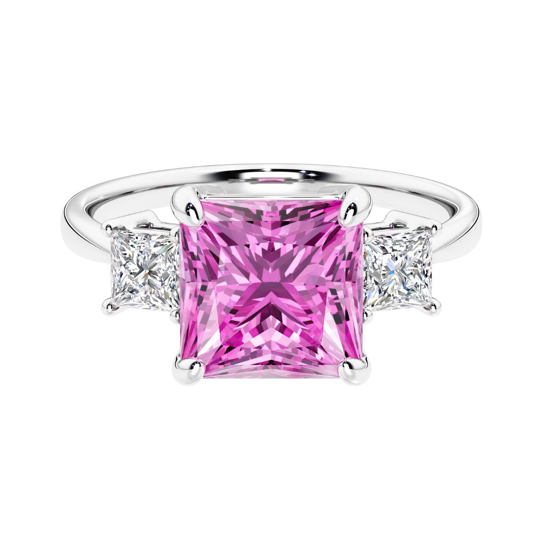 3 stone princess diamond ring in sleek white gold with pink sapphire gemstone center.